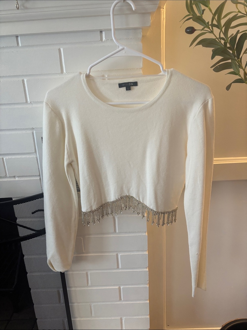 Papermoon Cream Cropped Sweater with Crystal Fringe Trim